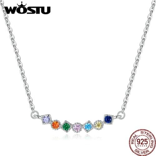 WOSTU 925 Sterling Silver Rainbow Necklace Shiny Colorful Zircon Long Chain Link Necklace For Women Fashion Jewelry CQN451