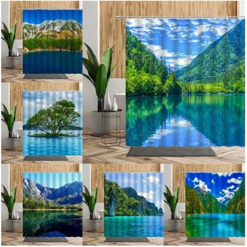 Landscape Scenery Shower Curtain Mountain Lake Forest Bathtub Screen Waterproof Bath Curtains Fabric Wall Decoration Background