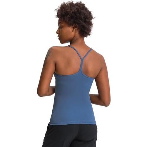 Women Spaghetti Strap Yoga Shirt with Built in Bra Sleeveless Fitness Top Sports Camisole Hip Length Slim Fit Gym Workout Tanks