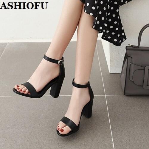 ASHIOFU New Hot Sale Womens Chunky Heels Sandals Black Faux-PU Sexy Party Prom Summer Shoes Evening Club Fashion Sandals Shoes