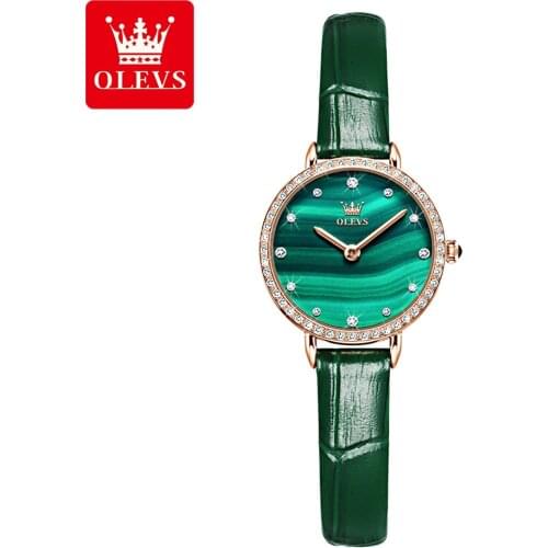 OLEVS Luxury Diamond Dial Watches For Women Fashion Green Leather Strap Quartz Watch Female Clock Relogio Feminino 5887