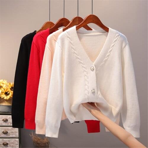 Women Cardigan Sweater Autumn Winter New Loose Thicken Knitting Sweater V Neck Pearl Single Breasted Elegant Long Sleeve Tops