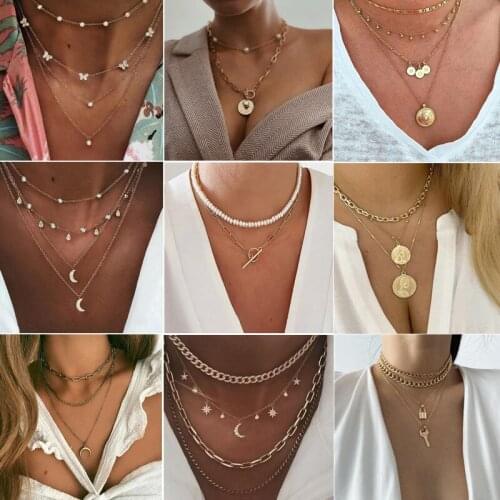 Crystal Multi-layer Shell Cross Flower Star Pendant Necklace Women Retro Charm Necklaces Boho Choker Jewelry