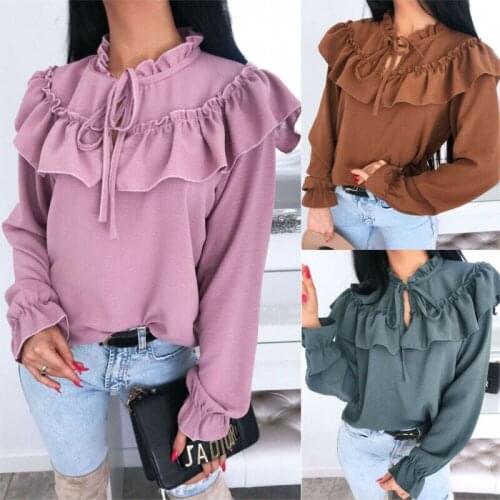 2020 Casual Solid Womens Long Sleeve Chiffon Ruffles Shirts New Puff Sleeve Loose Office Blouse Shirt