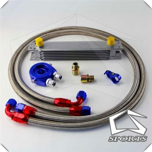 7 Row 248mm AN10 Universal Engine Transmission Oil Cooler British Type + Aluminum Filter Hose End Kit Blue