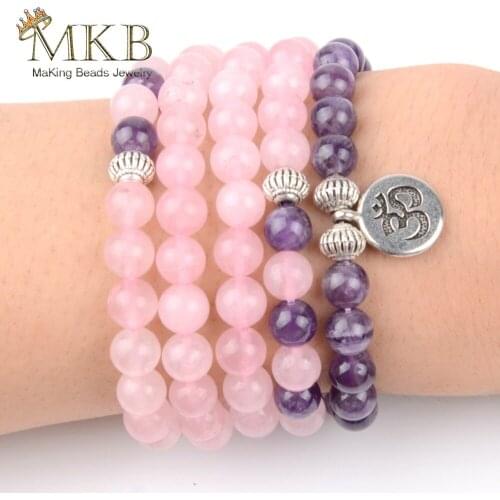 108pcs Mala Beads Bracelet Boho Natural Stone Rose Quartzs Amethysts Beaded OM Buddha Charm Bracelets For Women Jewelry Dropship