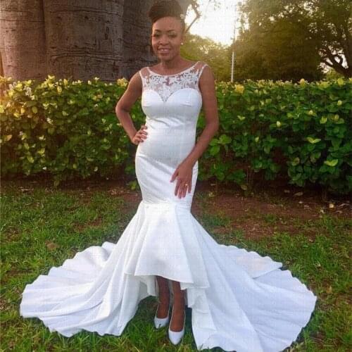 Hi-Lo Arabic Mermaid Wedding Dresses 2021 Jewel Sweep Train Lace High Low African Garden Country Bridal Gowns