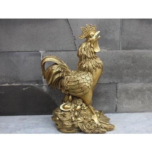 China FengShui Brass Money Yuanbao Peony flower Cock Chicken Rooster Statue