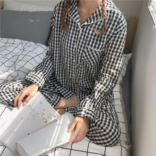 Classic Black Plaid Pajamas For Women Korean Sweet Winter Pajamas Sets Femme Loose Turn-down Collarr Long Sleeve Sexy Sleepwear