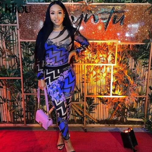 Kliou Mesh Pattern Printed Bodycon Two Piece Sets Women 2021 Street Style Bodysuit And Pants Fashion Female Matching Outfits