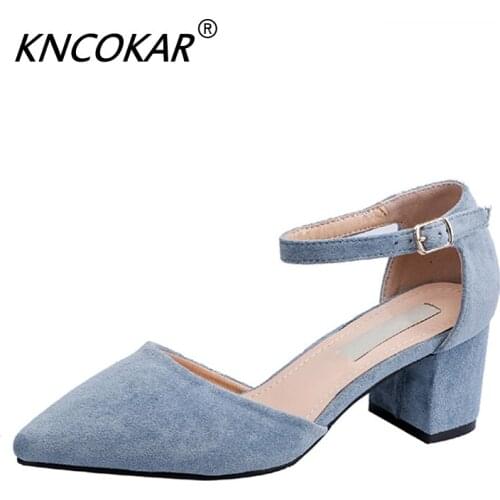 KNCOKAR One Word Buckles Belt Hollow One Shoe Female Summer New-Style High-Heeled Shoes Pointy Thick With Suede Wrap Head Shoe