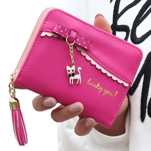 Women Wallets Cute Cat Lady Purses Short Bow Coin Purse Girls Moneybags Tassels Zipper Wallet Pocket Cards ID Holder Female Bags