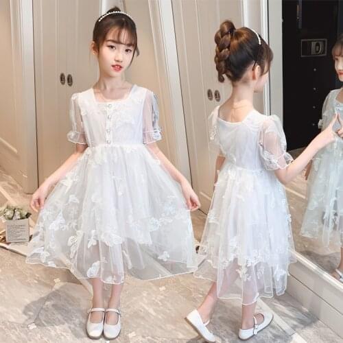 Girls Summer Princess Dress Kids Square Collar Pearl Button White Butterfly Embroidery Mesh Dress Children Clothes Girls Costume