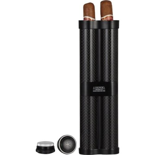 LUBINSKI Black Carbon Fiber Cigar Tube Holder Portable Travel 2/3 Tube Cigar Case w Cigar Humidor Humidifier Gadgets