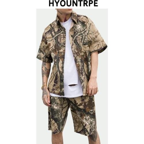 2 Pieces Sets Mens Fashion Camouflage Printed Short Sleeves Single Breasted Loose Shirt And Zipper Half Pants New Hip Hop Set