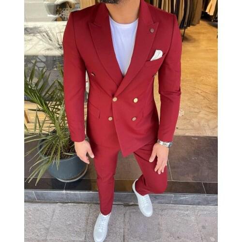 Mens Suit 2 Pieces Slim Fit Double breasted Wool Tweed Prom Formal Tuxedos Wedding Groomsmen (Blazer+Pants)