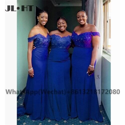 Mermaid Off Shoulder Wedding Party Bridesmaid Dresses Long with Beaded Appliques Lace Black Girls Maid of Honor Bridesmaid Dress