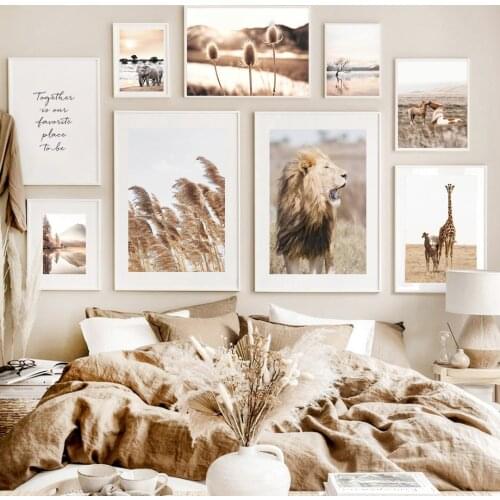 Reed Lion Elephant African Animals Beige And Prints Wall Art Canvas Painting Wall Pictures ForNordic Posters Living Room Decor