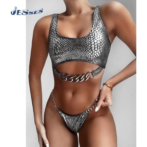 Luxury Bling Swimwear Sliver Leather 2 Pcs Bikini Crocodile Sexy Female Swimsuit Chain Push Up Bandage Beach Swimwear Set Biqini