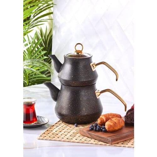 Turkish Tea Gold Dusty Metal Handle Granite Teapot 200469- Black-gold