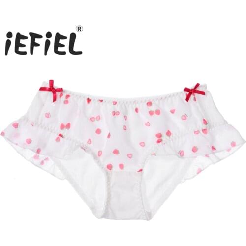 Women Student Girls Triangle Panties Cotton Soft Cute Briefs Strawberry Print Bowknot and Ruffle Mesh Adorned Briefs Underwear