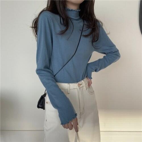Womens Knitted Pullover Half High Collar Ruched Slim Solid Color Inner Top Wholesale Autumn Winter New Fashion Female Clothing