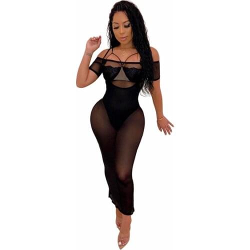 Women Black Sheer Mesh Dress Sexy Night Club Dresses Off the Shoulder See Through Ankle-length Long Party Exotic Dresses Female