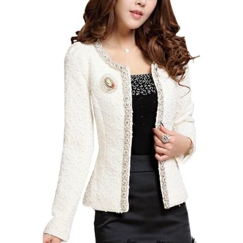 Women Spring Winter Coat Short design Elegant Beaded Diamond slim Long sleeve New 2020 Plus size Small Outerwear jacket E11H