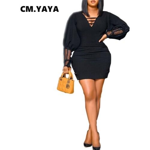 CM.YAYA Women Mini Dress Puff Sleeve Stretchy Bodycon Sexy Vestidos Night Club Party Dresses Ladies Fashion Outfits Autumn 2021