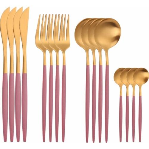 16Pcs Matte Pink Glod Stainless Steel Cutlery Tableware Set Dinnerware Flatware Set Home Forks Knives Spoons Set Thin Silverware