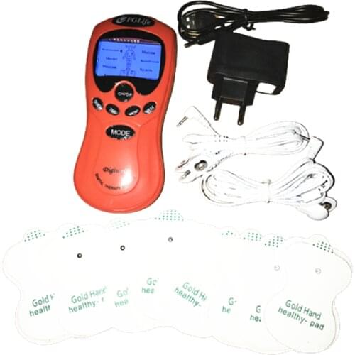Red Two Channels 8 Way Tens Unit Digital Slimming Body Pulse Therapy Massager Electronic Muscle Stimulator 8 Snap Electrode Pads
