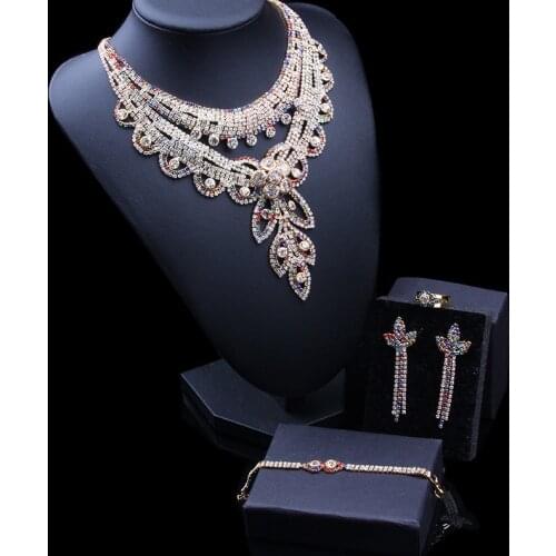 4pcs Fashion Bridal Necklace Earrings Sets Rhinestones Jewelry Sets for Women Dubai Gold Color Wedding Party Costume Accessories