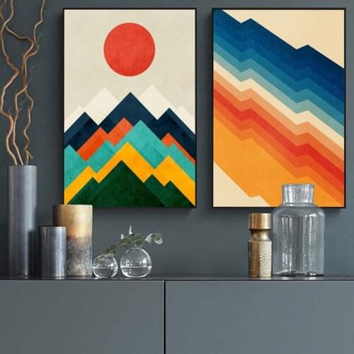 Abstract Poster Colorful Geometry Posters and Prints Red Sun Mountain Wall Art Pictures Nordic Canvas Painting Decor For Home