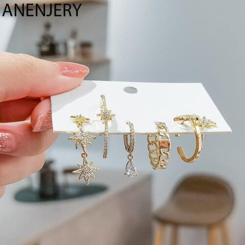 ANENJERY 6 pieces/set 925 Sterling Silver Micro Zircon Water Drop Chain Star Earrings Set for Women Luxury Party Earrings