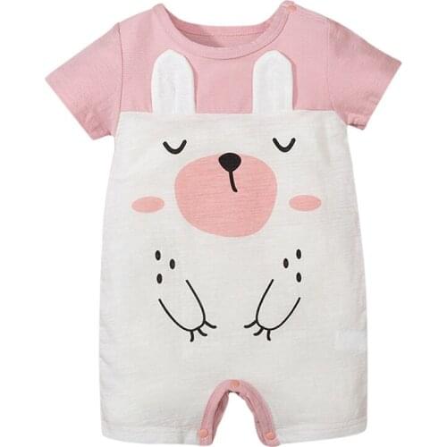 Bobora Summer Baby Short Sleeves Climbing Suit Cartoon Print Pure Cotton Round Collar Pink Jumpsuit Baby Climbing Suit