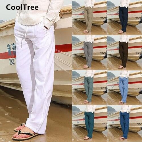 CoolTree Men Linen pants Spring Summer Breathable Solid color Thin Casual Trousers Male Loose Simple Straight pants Streetwear