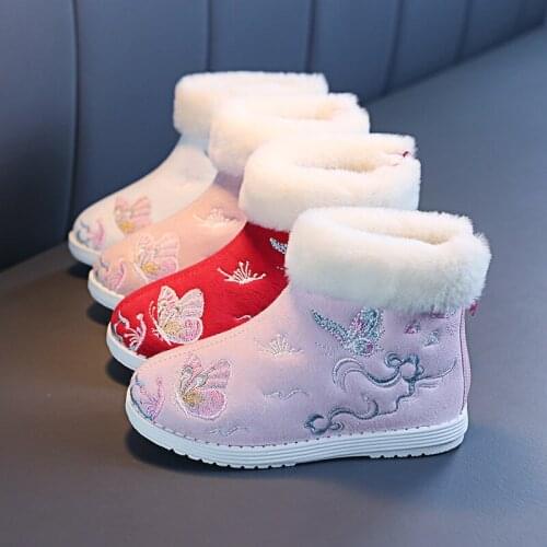 Children Cotton Boots Shoes Winter Plush Velvet Warm Shoes Kids Girls Thick Embroidered Chinese Style Hanfu Shoes Ancient Boots