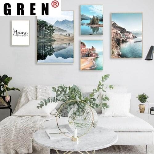 GREN Mountain Lake Reflection Nature Landscape Canvas Painting Wall Art Print Poster Picture Modern Living Room Home Decor