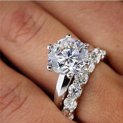 Solitaire Diamond ring sets Silver color AAAAA Cz Engagement wedding band rings for women Bridal Statement Party Jewelry