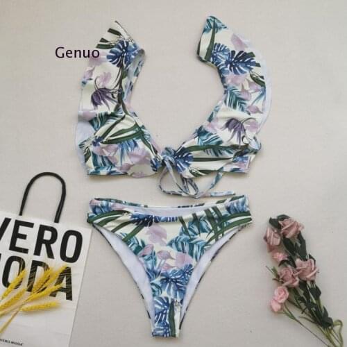 2021 Ruffle Bikini Set Print Bandage Swimwear Women Swimsuit High Waist Bathing Suit Two Pieces Beachwear Biquini S-Xl