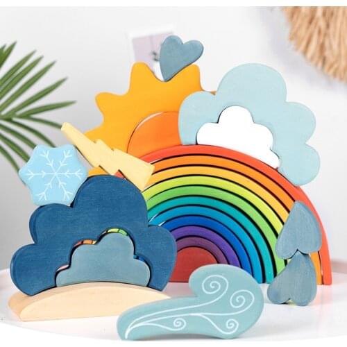Basswood Weather Blocks Open Ended Play Creative Blue Cloud Rain Sun Wind Building Block Nordic Montessori Educational Wood Toys