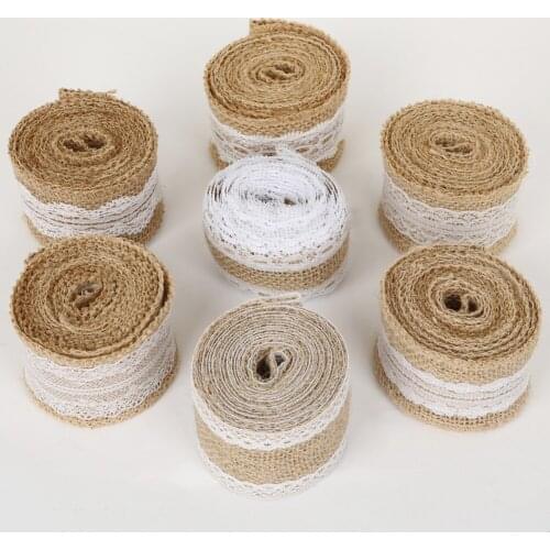 New 5cm 2m/roll Natural Jute Burlap Hessian Ribbon with Cotton Lace DIY Trim Fabric For Sewing Wedding Decoration Accessories