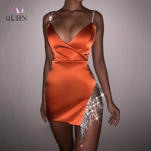 EvaQueen Summer Sexy Tassel Diamond Party Dress Bodycon Spaghetti Strap Elegant V Neck Dresses Women Club Mini Dress Vestidos