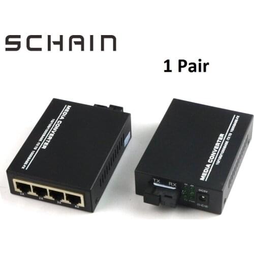Media converter 10/100/1000Mbps Gigabit Ethernet Media Converter Single Mode Optic Fiber 4 RJ45 Port and 1 SC Port-1 pair