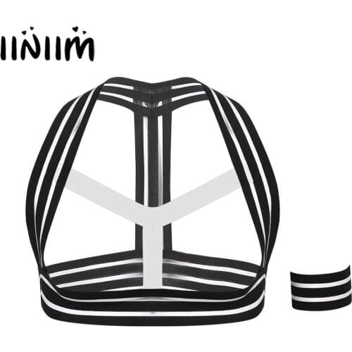 Mens Bondage Tops Elastic Striped Body Chest Harness Belt Shoulder Support Brace Muscle Straps with Armband Costumes Clubwear
