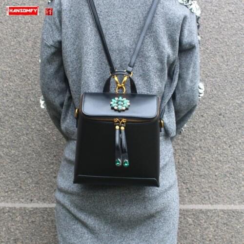 2020 New Luxury Fashion Diamond Women Backpacks Female Genuine Leather Retro Shoulder Bag Blue Rhinestone Backpack Cow Leather