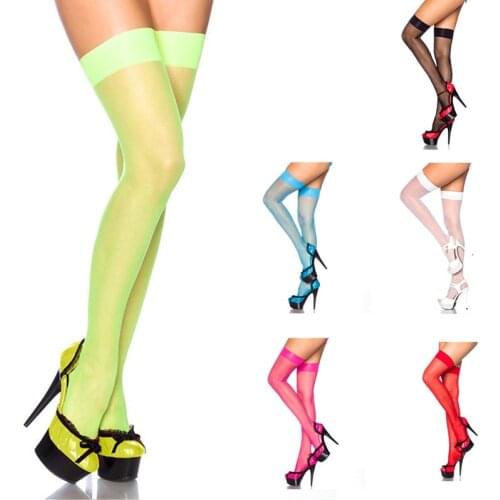 New Women Girls Fashion Neon Green Summer Mesh Sheer Over Knee Thigh High Elastic Sexy Candy Color Half- transparent Pantyhose