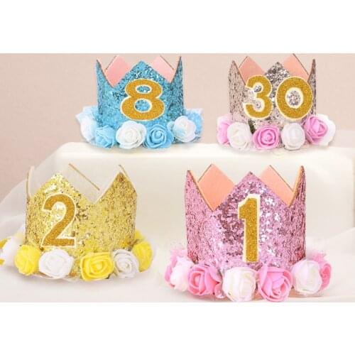 New Baby Shower Girl Birthday Party Hats Kids 1 2 3 Years Birthday Princess Crown Cap Party DIY Decorations Kids Favors Headband