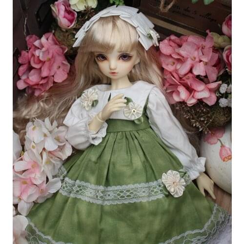 Doll baby Clothes Green Dress with Flowers Decoration BJD Dress + Hair Band for 1/3 1/4 1/6 BJD SD DD Blyth Doll Accessories
