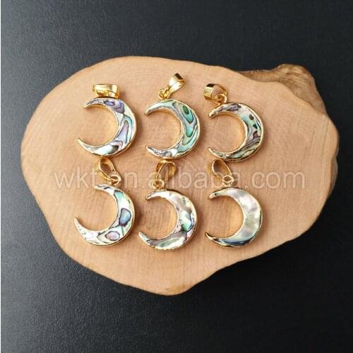 WT-P957 Wholesale Natural abalone shell crescent moon pendant, gold color abalone moon pendant 20mm